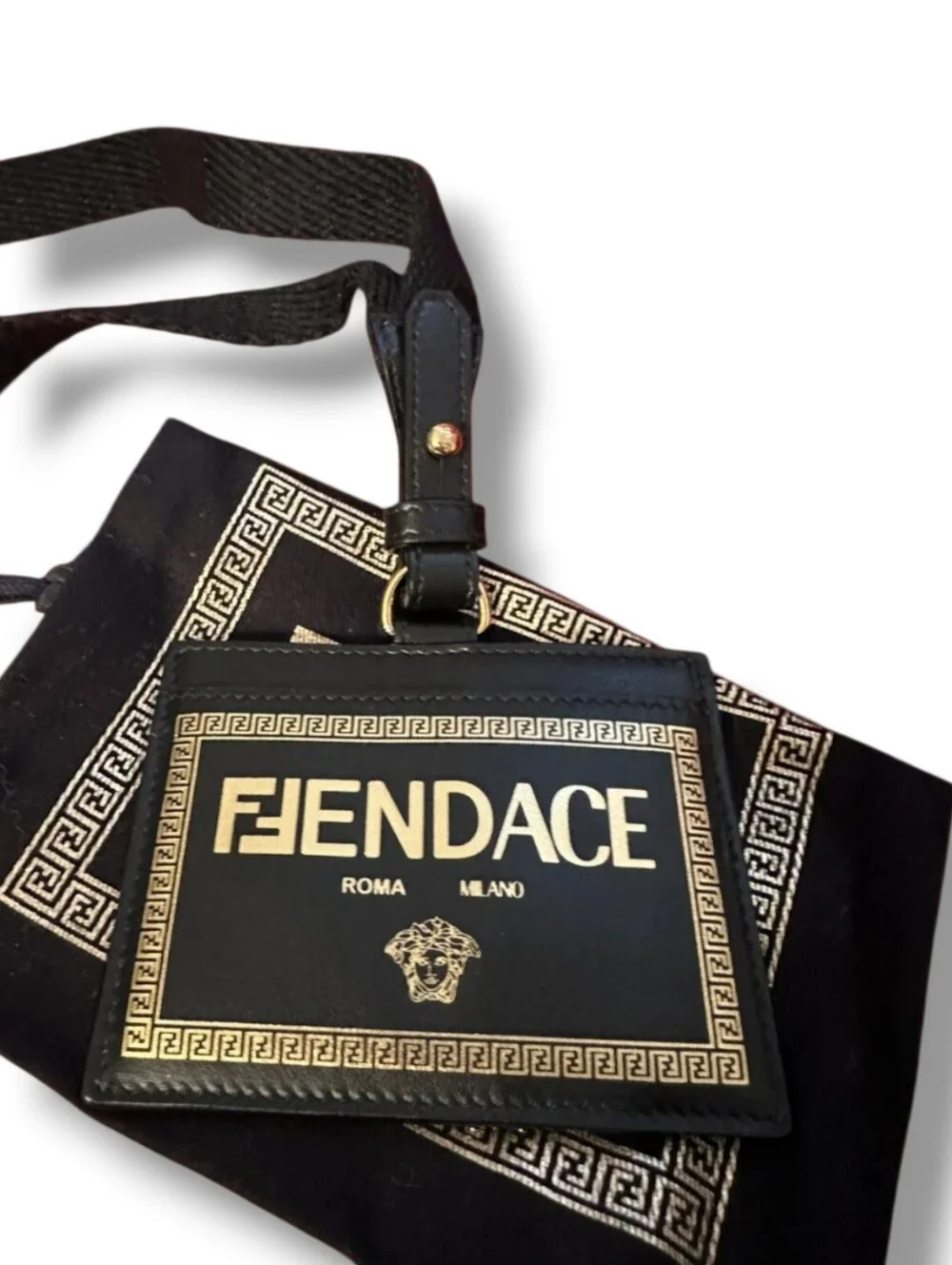 FENDACE Fendi x Versace LANYARD Cardholder Black Leather Card Holder New In Box